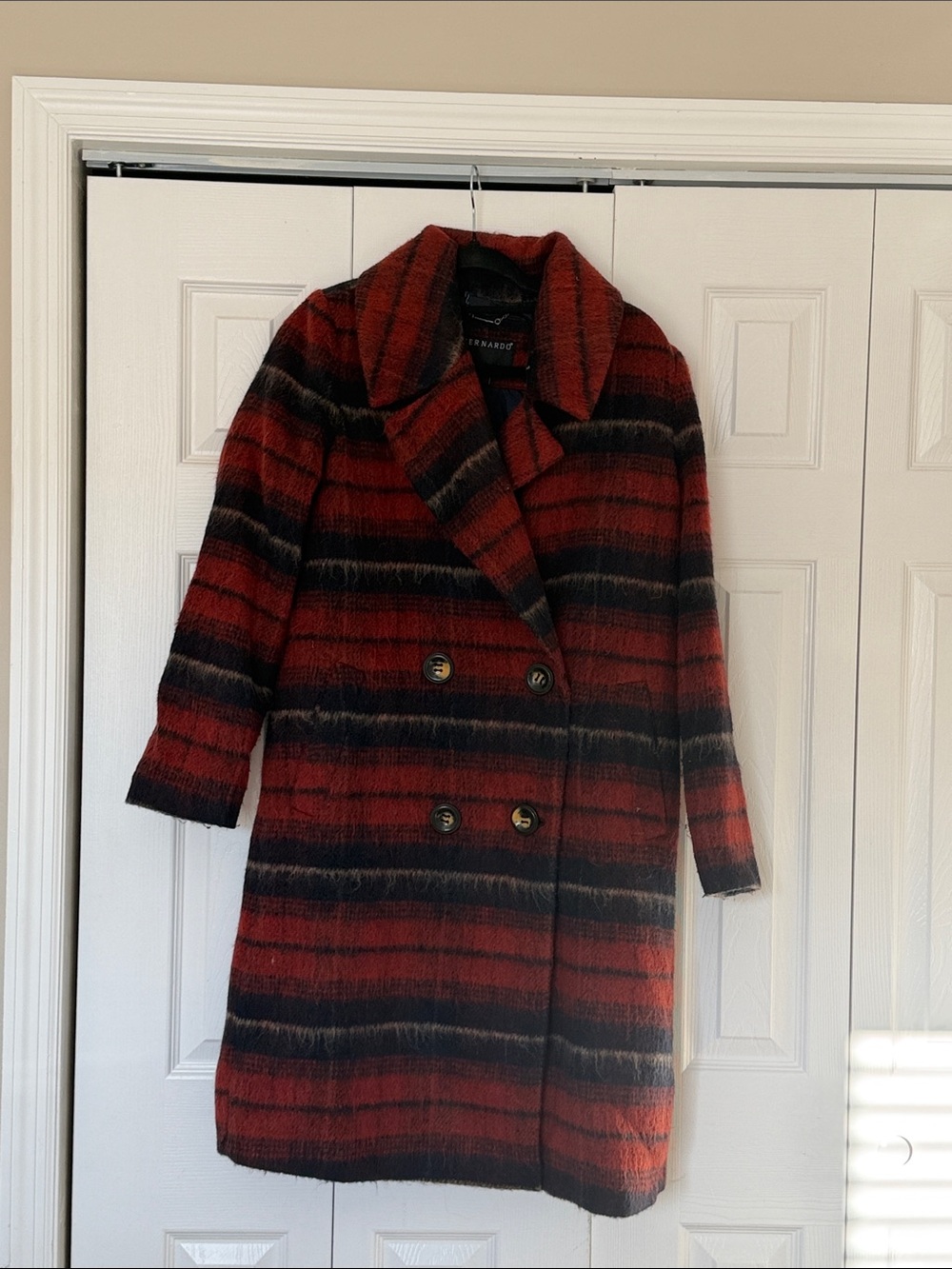 Bernardo Red and Black Striped Double-Breasted Pea Coat